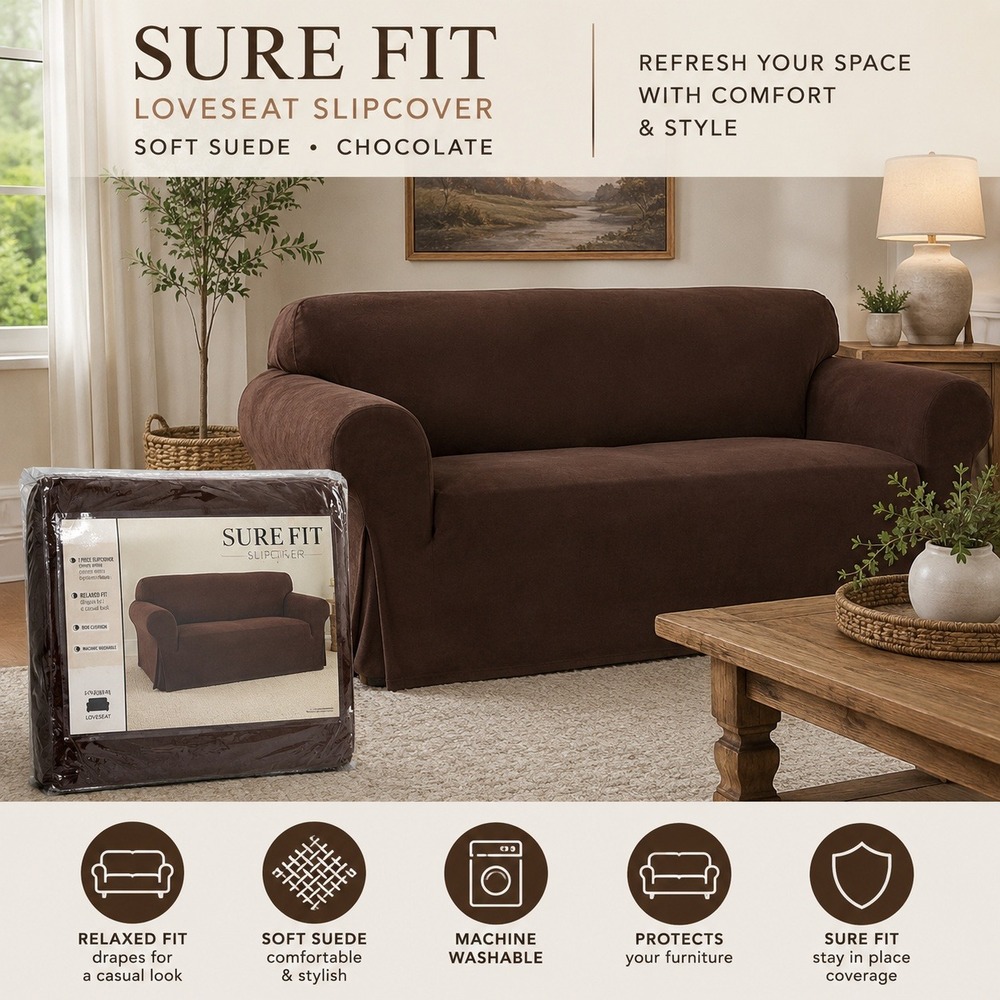 Sure Fit Chocolate Brown Suede Loveseat Slipcover Stretch Furniture Cover NWT